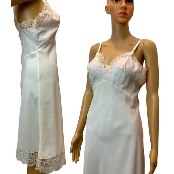 40s 50s Pale Peach Pink Saab Saabalon Slip / Dress w Lace | S - Picture 5 of 10